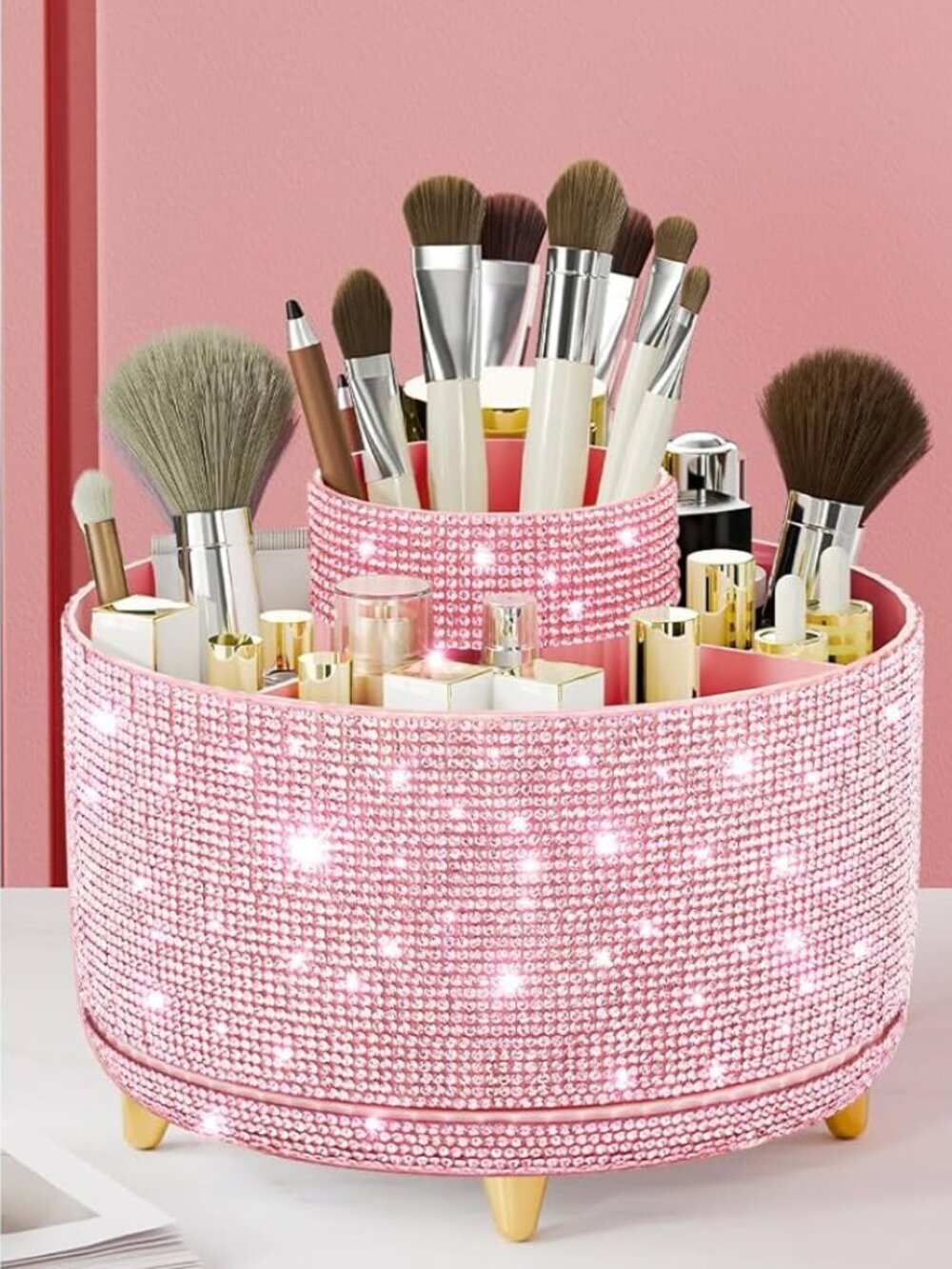 Diamond Look Bling Round Rotating Makeup Brush Holder Pink